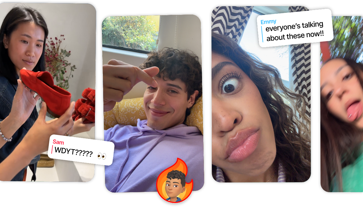 Four Snapchat-style photos with chat overlays